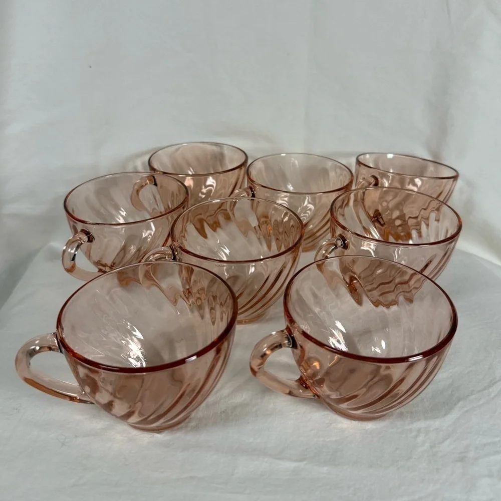 Vintage Arcoroc France French Pink Swirl Rosaline Teacups Set of 8